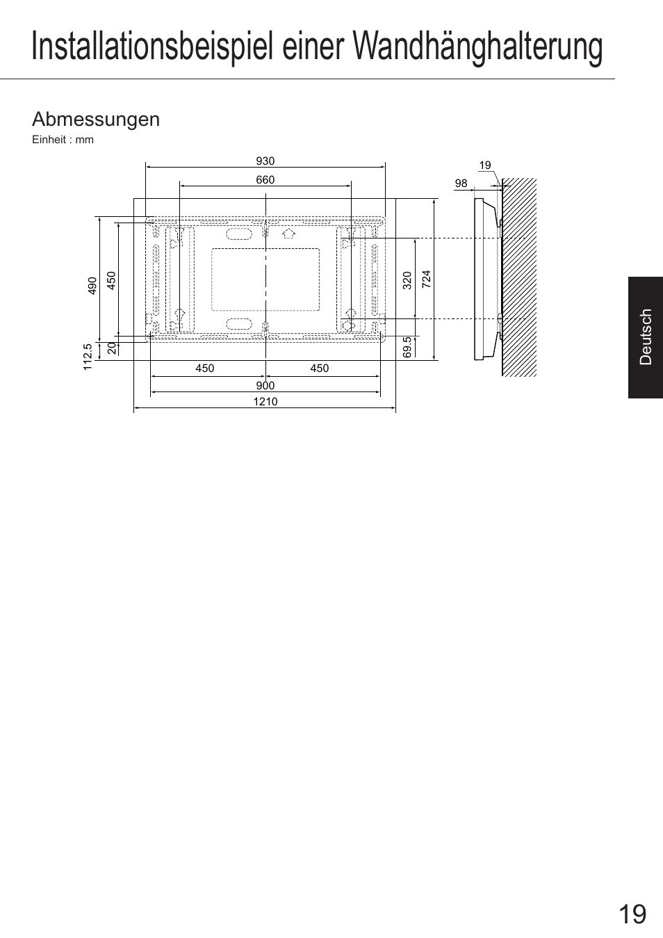 Installationsbeispiel einer wandhänghalterung, Abmessungen | JVC TS-C50P6G User Manual | Page 48 / 72