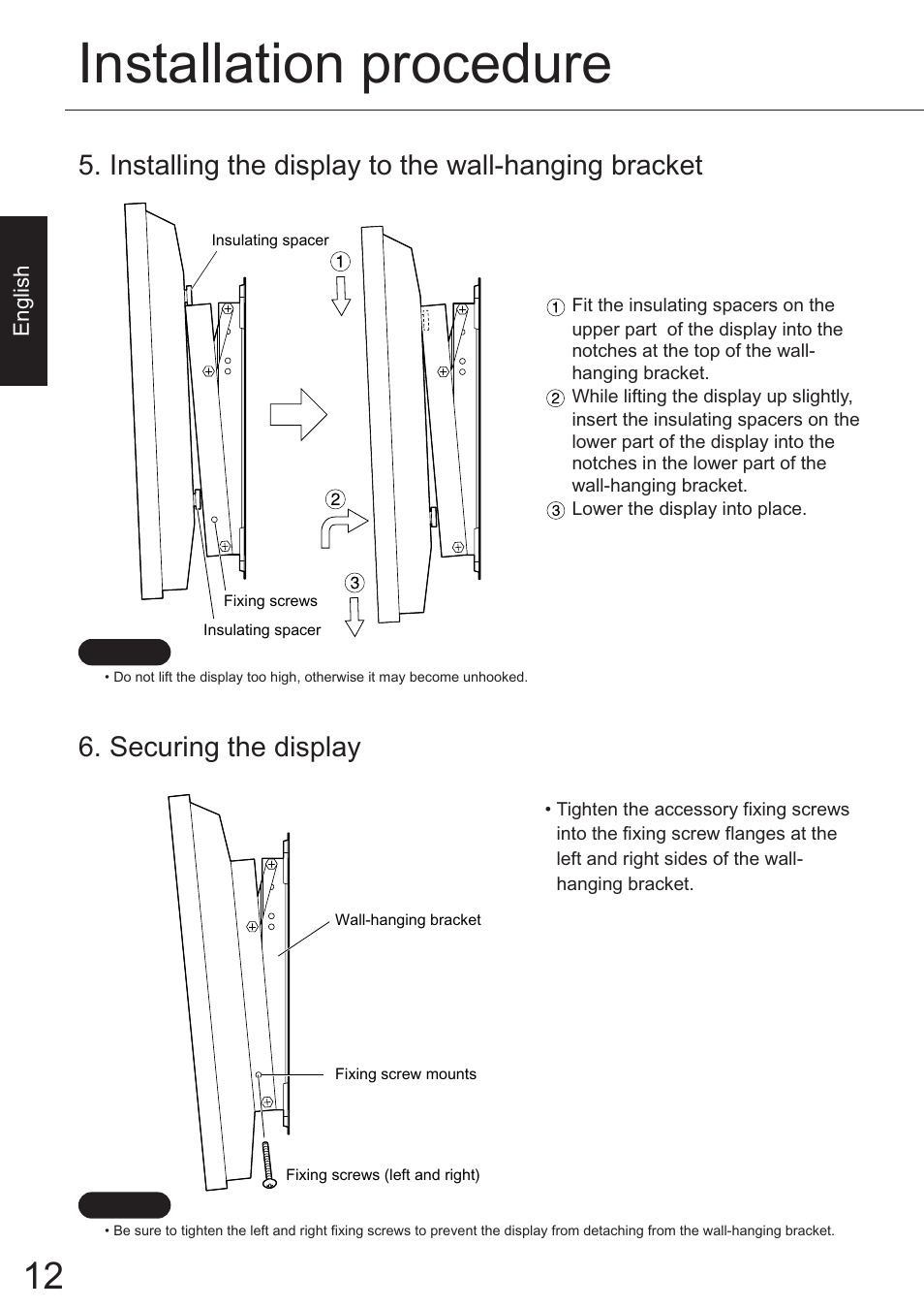 Installation procedure, Installing the display to the wall-hanging bracket, Securing the display | JVC TS-C50P6G User Manual | Page 5 / 72
