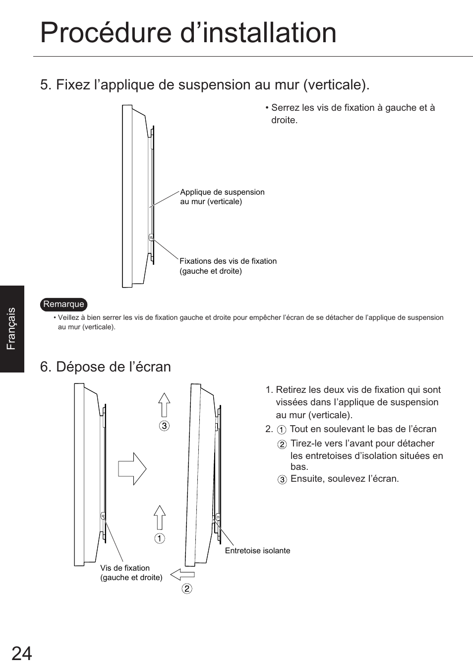 Procédure d’installation, Fixez l’applique de suspension au mur (verticale), Dépose de l’écran | JVC TS-C50P6G User Manual | Page 53 / 72