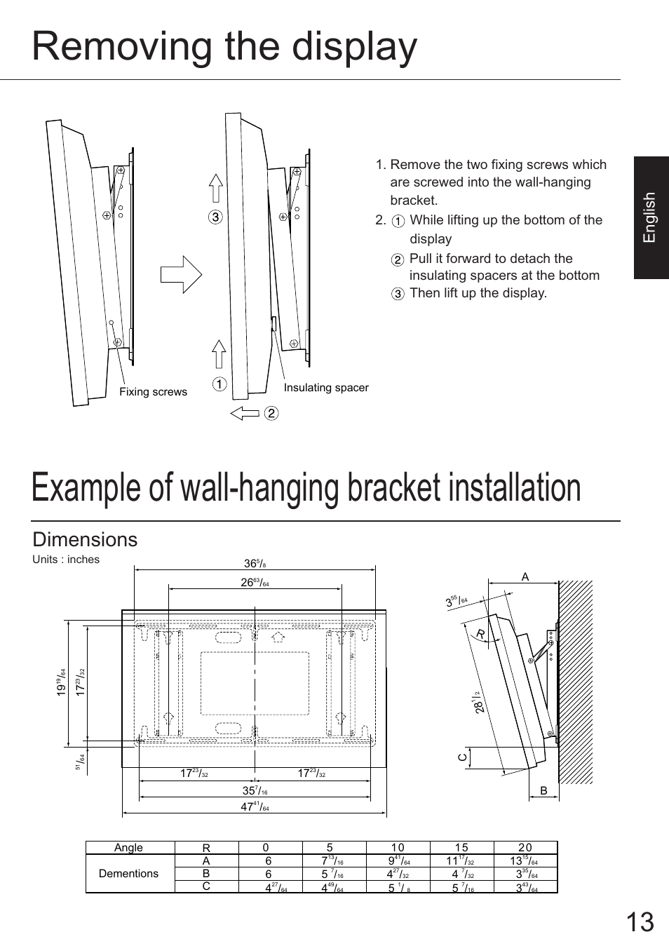 Removing the display, Example of wall-hanging bracket installation, Dimensions | English | JVC TS-C50P6G User Manual | Page 6 / 72