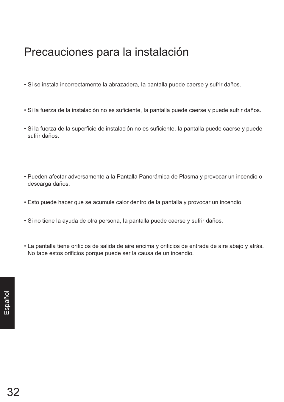Espanol, Precauciones para la instalación | JVC TS-C50P6G User Manual | Page 61 / 72