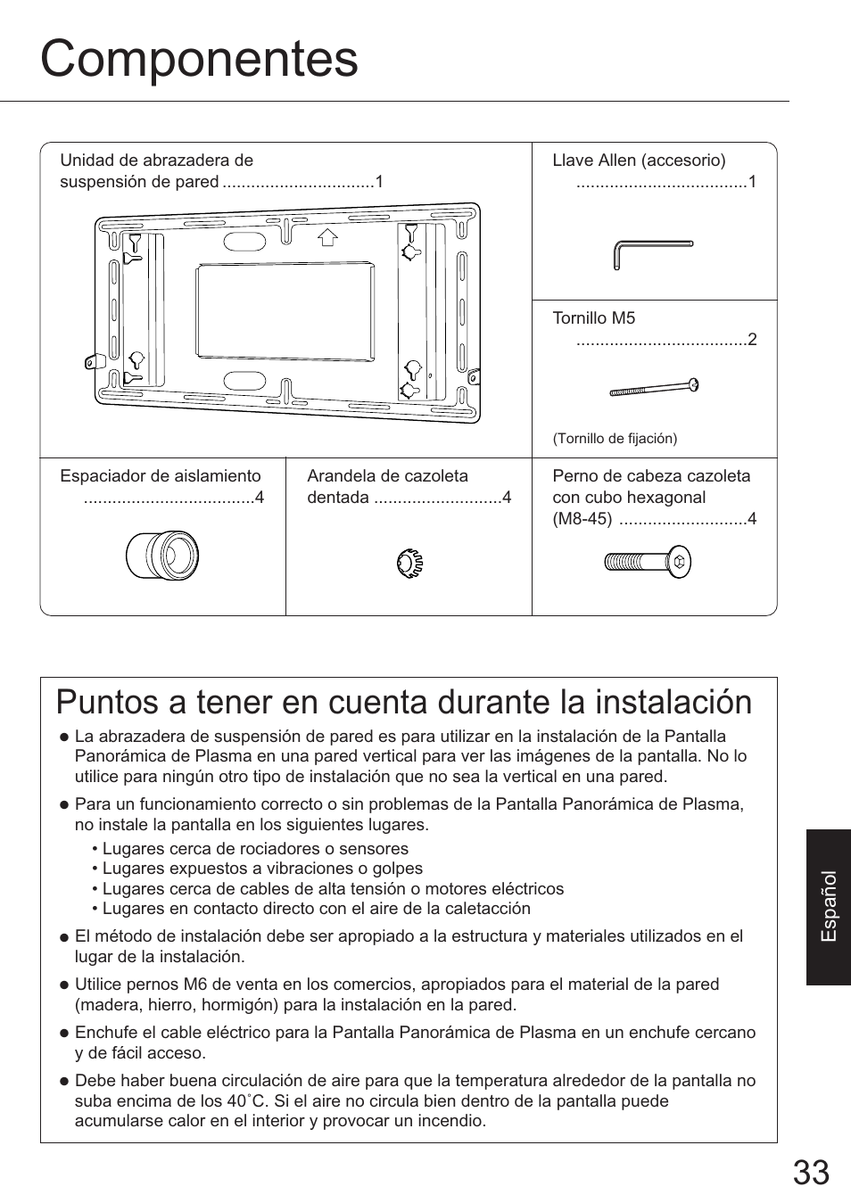 Componentes, Puntos a tener en cuenta durante la instalación | JVC TS-C50P6G User Manual | Page 62 / 72