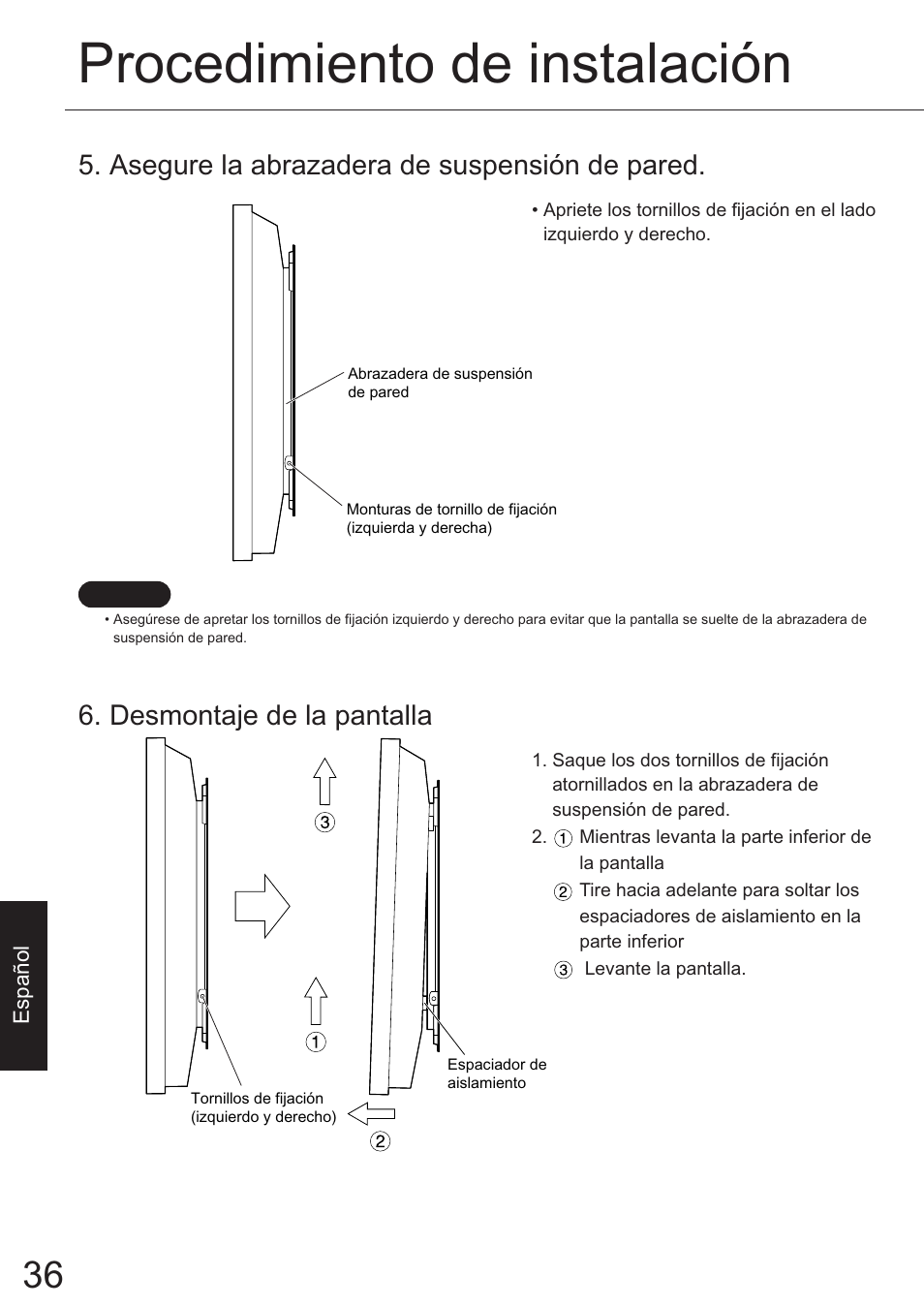 Procedimiento de instalación, Asegure la abrazadera de suspensión de pared, Desmontaje de la pantalla | JVC TS-C50P6G User Manual | Page 65 / 72