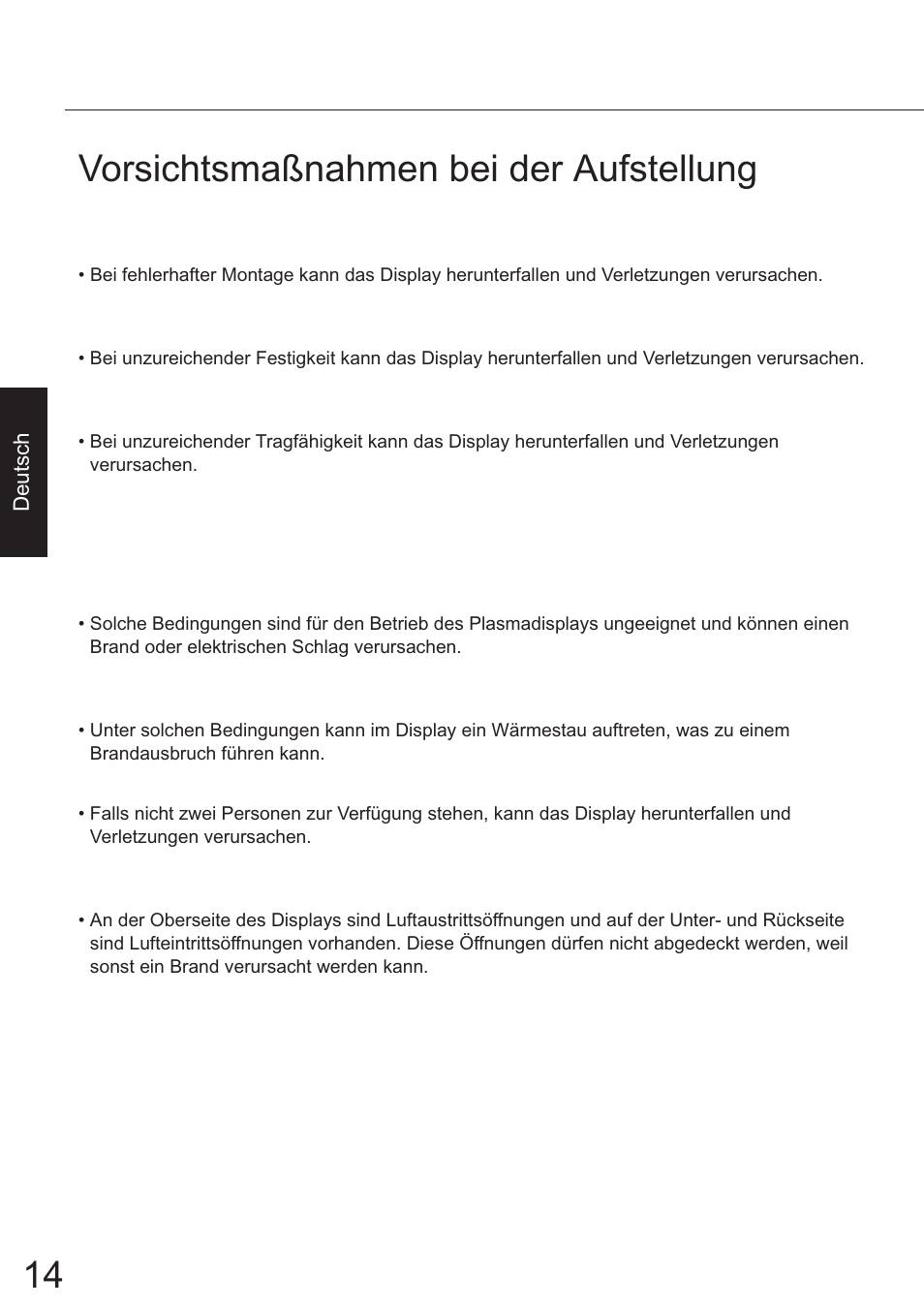 Deutsch, 14 vorsichtsmaßnahmen bei der aufstellung | JVC TS-C50P6G User Manual | Page 7 / 72