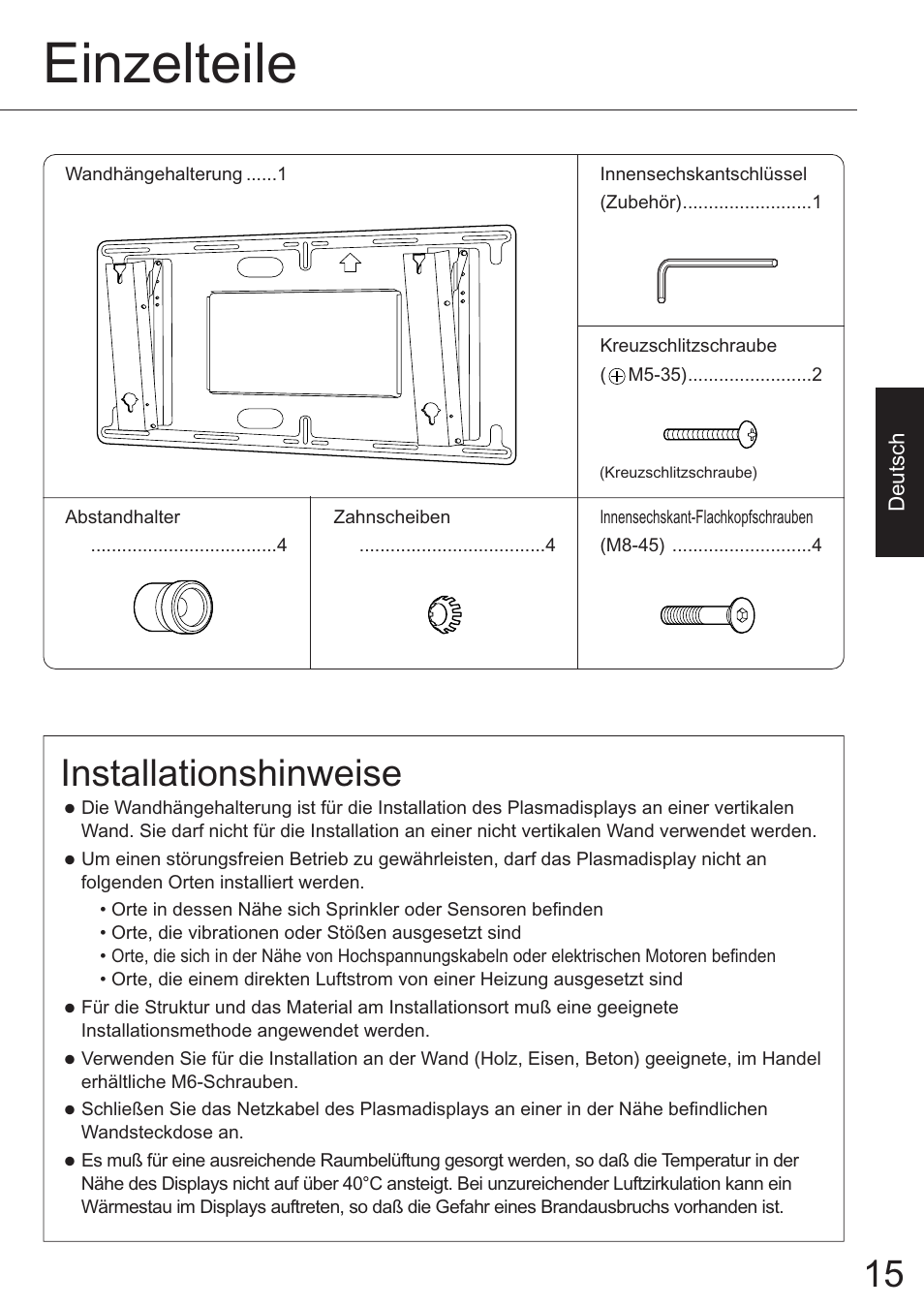 Einzelteile, Installationshinweise | JVC TS-C50P6G User Manual | Page 8 / 72