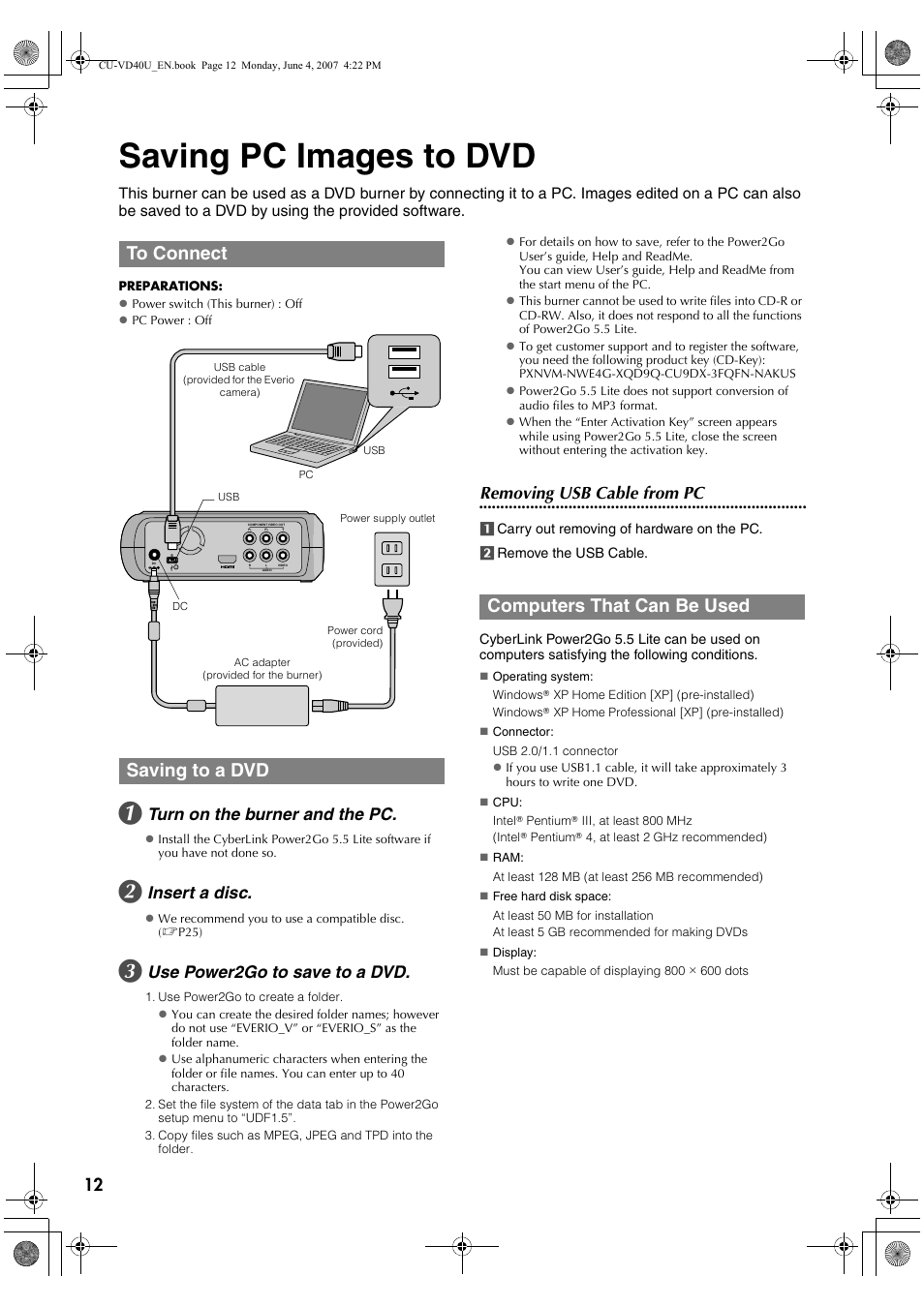 Saving pc images to dvd, To connect, Saving to a dvd | Computers that can be used, Turn on the burner and the pc, Insert a disc, Use power2go to save to a dvd, Removing usb cable from pc | JVC CU-VD40U User Manual | Page 12 / 80