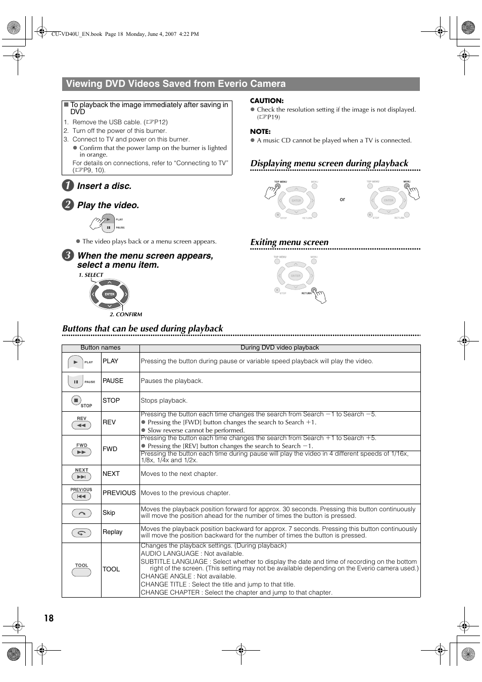 Viewing dvd videos saved from everio camera, Insert a disc, Play the video | When the menu screen appears, select a menu item, Displaying menu screen during playback, Exiting menu screen, Buttons that can be used during playback | JVC CU-VD40U User Manual | Page 18 / 80