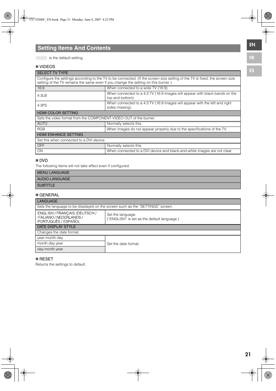 Setting items and contents | JVC CU-VD40U User Manual | Page 21 / 80