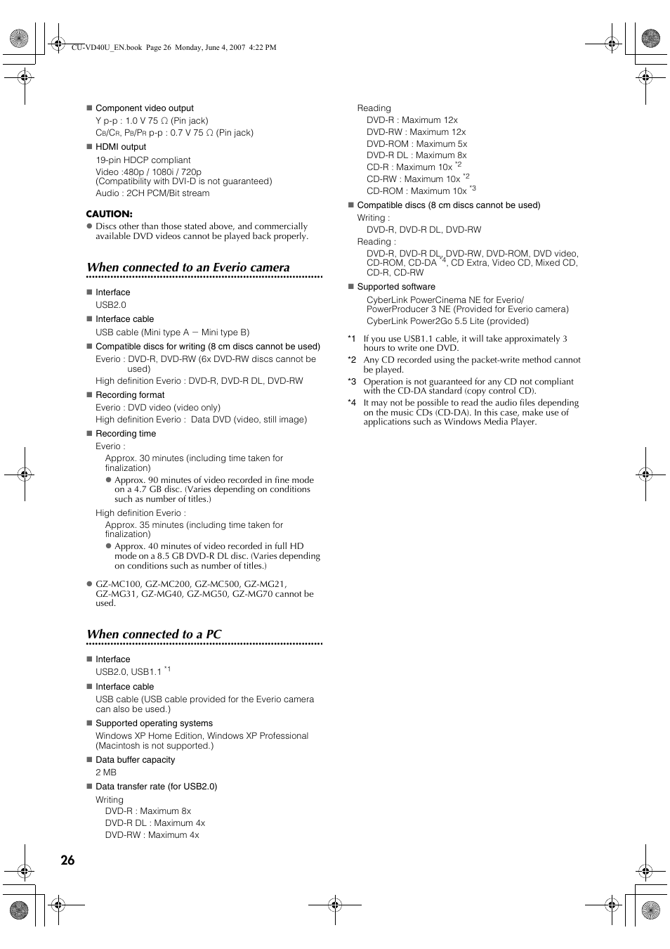When connected to an everio camera, When connected to a pc | JVC CU-VD40U User Manual | Page 26 / 80