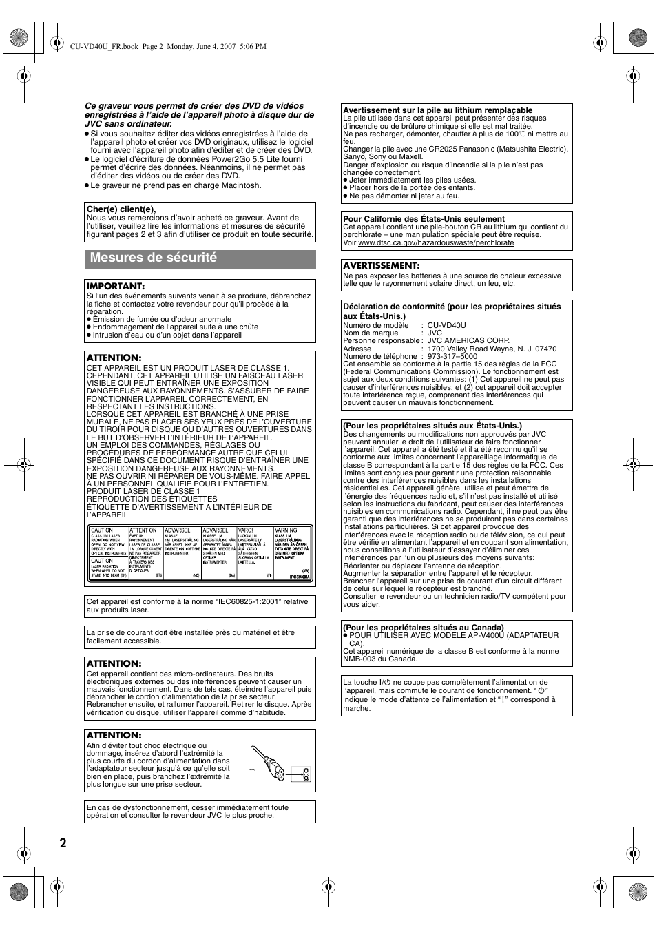Français, Mesures de sécurité | JVC CU-VD40U User Manual | Page 28 / 80