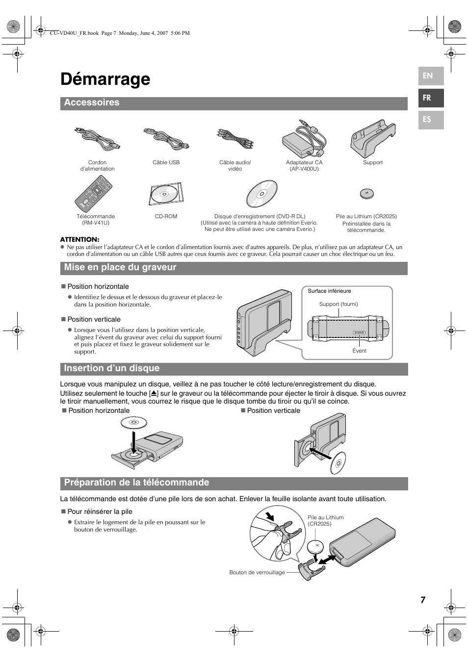 Démarrage, Accessoires, Mise en place du graveur | Insertion d’un disque, Préparation de la télécommande | JVC CU-VD40U User Manual | Page 33 / 80