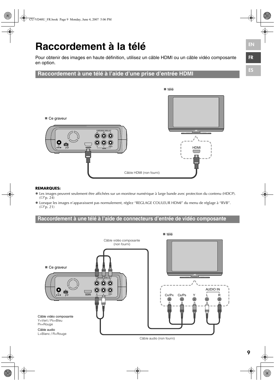 Raccordement à la télé, Composante, En fr es | JVC CU-VD40U User Manual | Page 35 / 80
