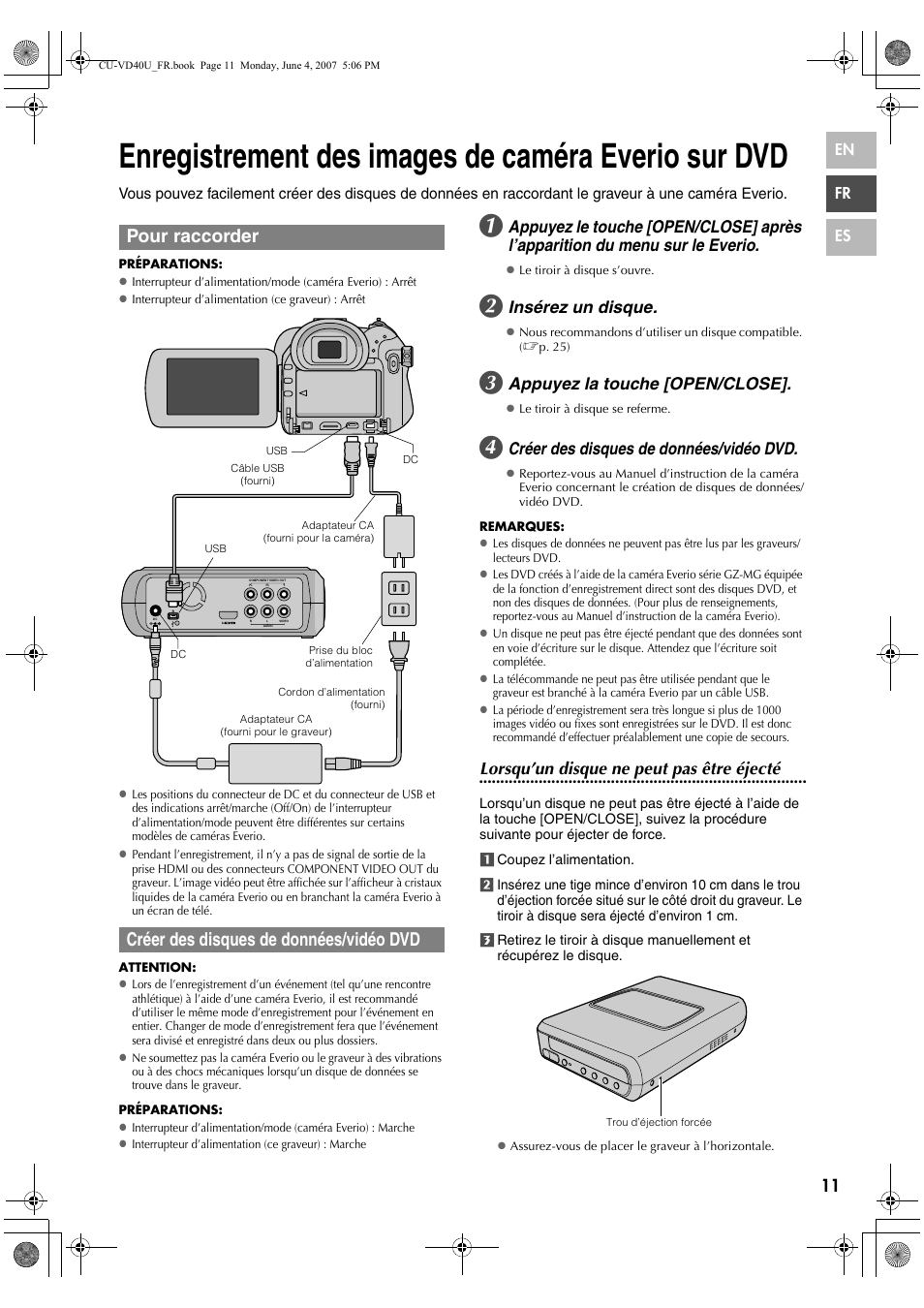 Enregistrement des images de caméra everio sur dvd, Pour raccorder, Créer des disques de données/vidéo dvd | Insérez un disque, Appuyez la touche [open/close, Lorsqu’un disque ne peut pas être éjecté | JVC CU-VD40U User Manual | Page 37 / 80