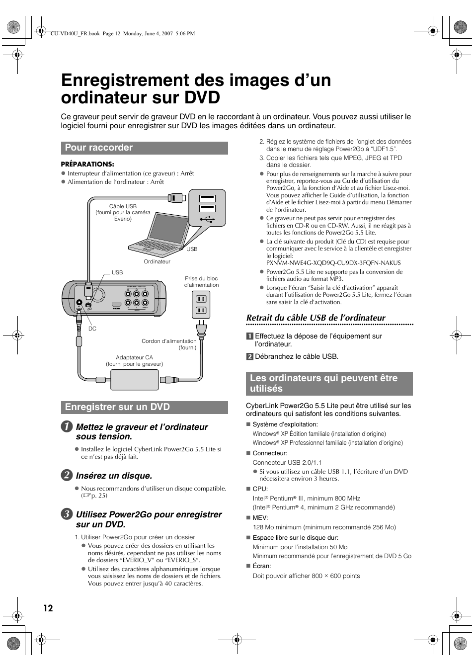 Enregistrement des images d’un ordinateur sur dvd, Pour raccorder, Enregistrer sur un dvd | Les ordinateurs qui peuvent être utilisés, Pour raccorder enregistrer sur un dvd, Mettez le graveur et l’ordinateur sous tension, Insérez un disque, Utilisez power2go pour enregistrer sur un dvd, Retrait du câble usb de l’ordinateur | JVC CU-VD40U User Manual | Page 38 / 80