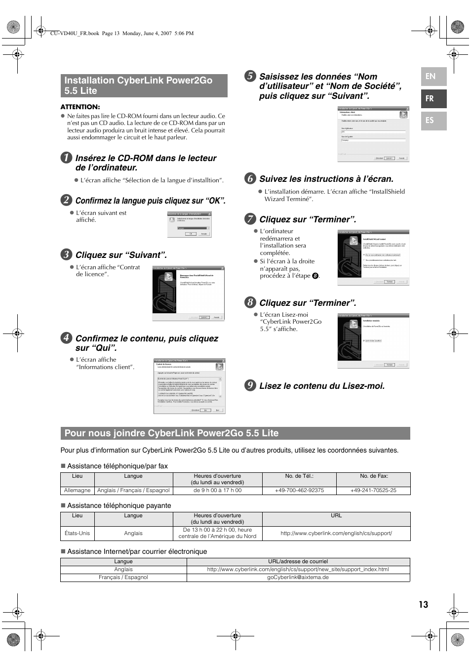 Installation cyberlink power2go 5.5 lite, Pour nous joindre cyberlink power2go 5.5 lite | JVC CU-VD40U User Manual | Page 39 / 80