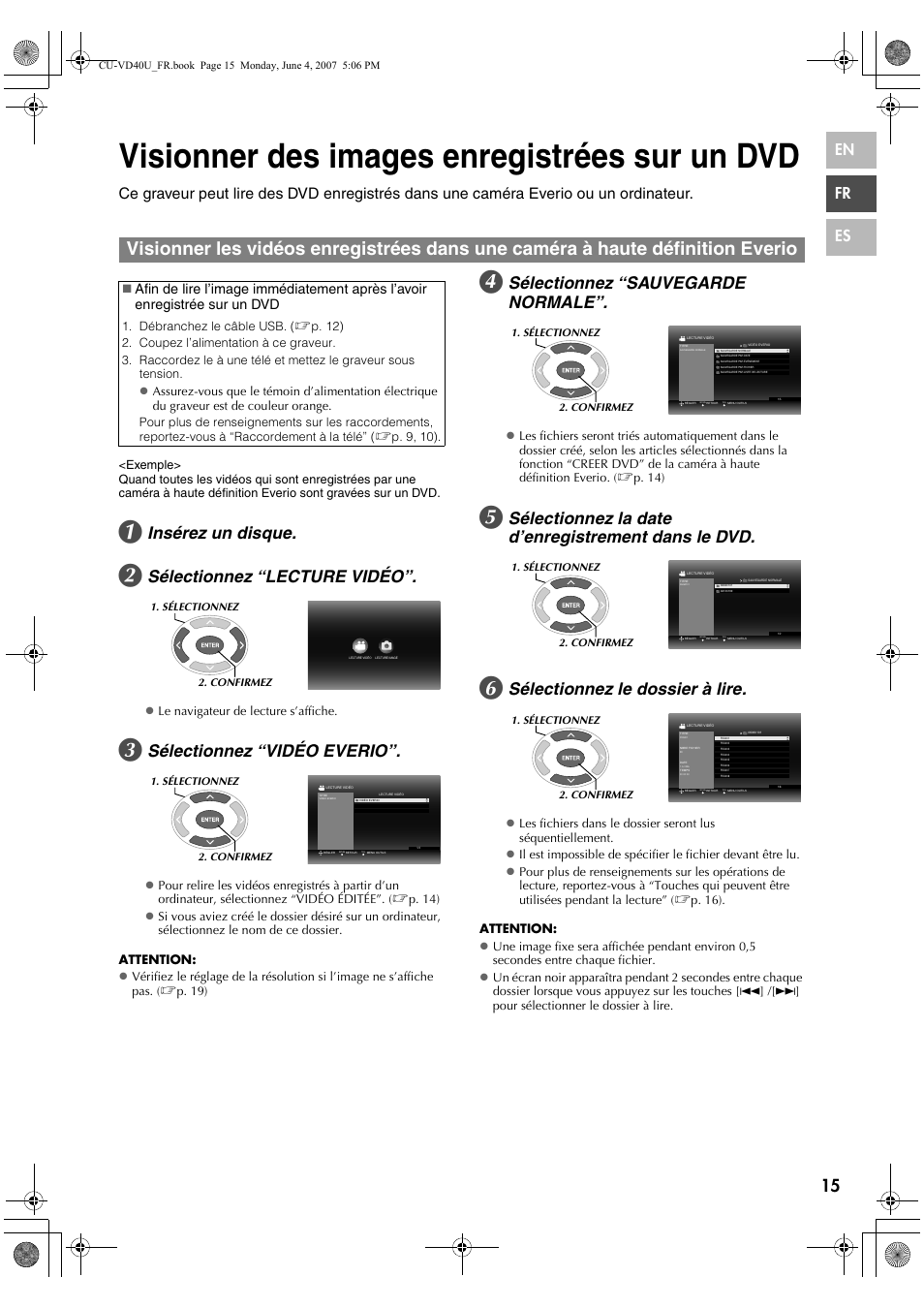 Visionner des images enregistrées sur un dvd, Définition everio, Insérez un disque | Sélectionnez “lecture vidéo, Sélectionnez “vidéo everio, Sélectionnez “sauvegarde normale, Sélectionnez la date d’enregistrement dans le dvd, Sélectionnez le dossier à lire, En fr es | JVC CU-VD40U User Manual | Page 41 / 80