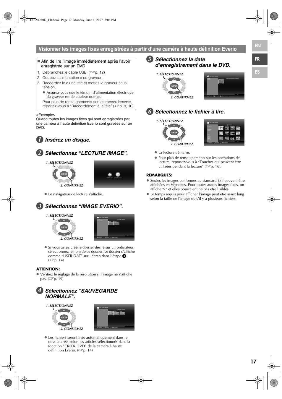 Définition everio, Insérez un disque, Sélectionnez “lecture image | Sélectionnez “image everio, Sélectionnez “sauvegarde normale, Sélectionnez la date d’enregistrement dans le dvd, Sélectionnez le fichier à lire, En fr es, Zle navigateur de lecture s’affiche | JVC CU-VD40U User Manual | Page 43 / 80