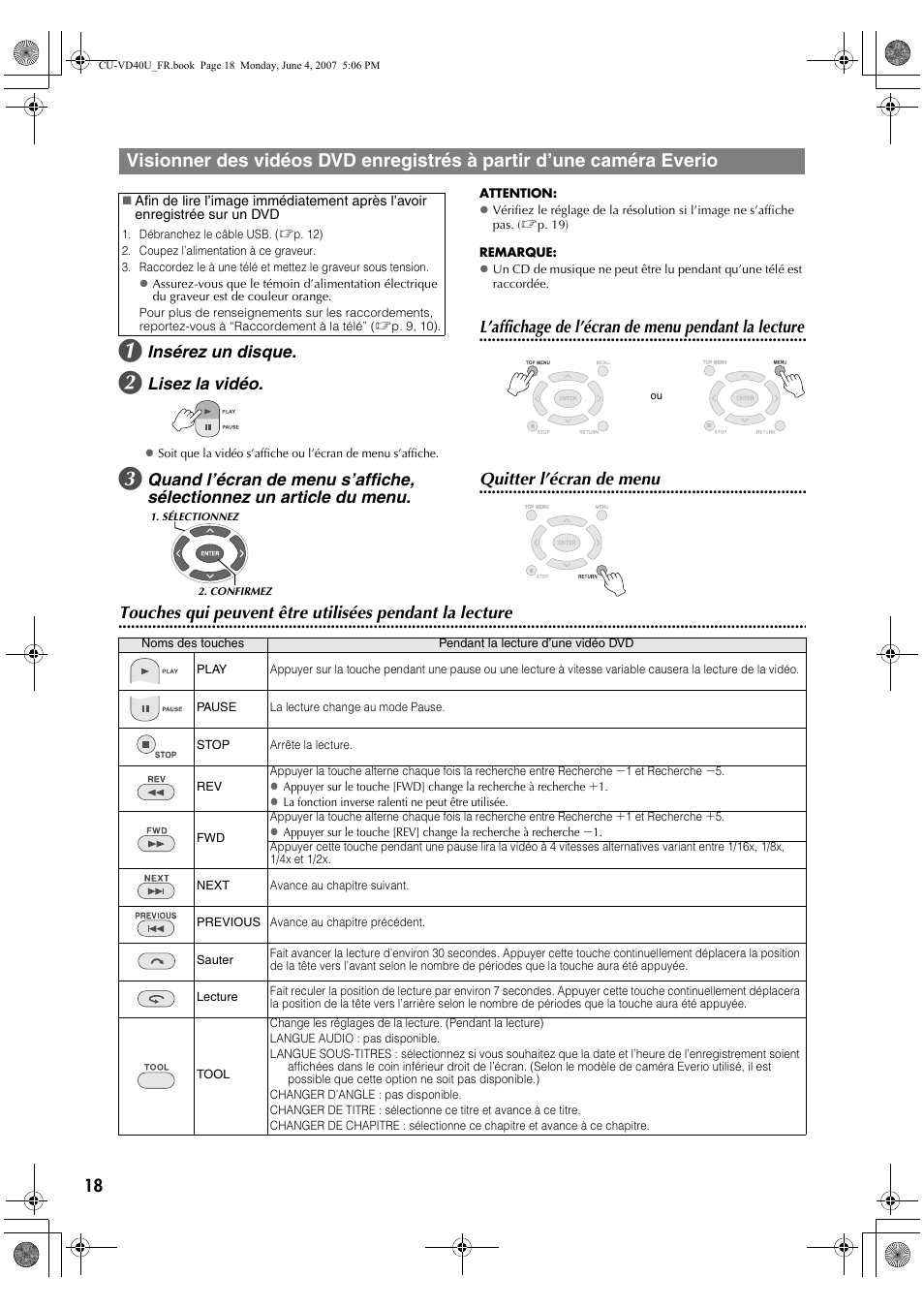 Insérez un disque, Lisez la vidéo, L’affichage de l’écran de menu pendant la lecture | Quitter l’écran de menu | JVC CU-VD40U User Manual | Page 44 / 80