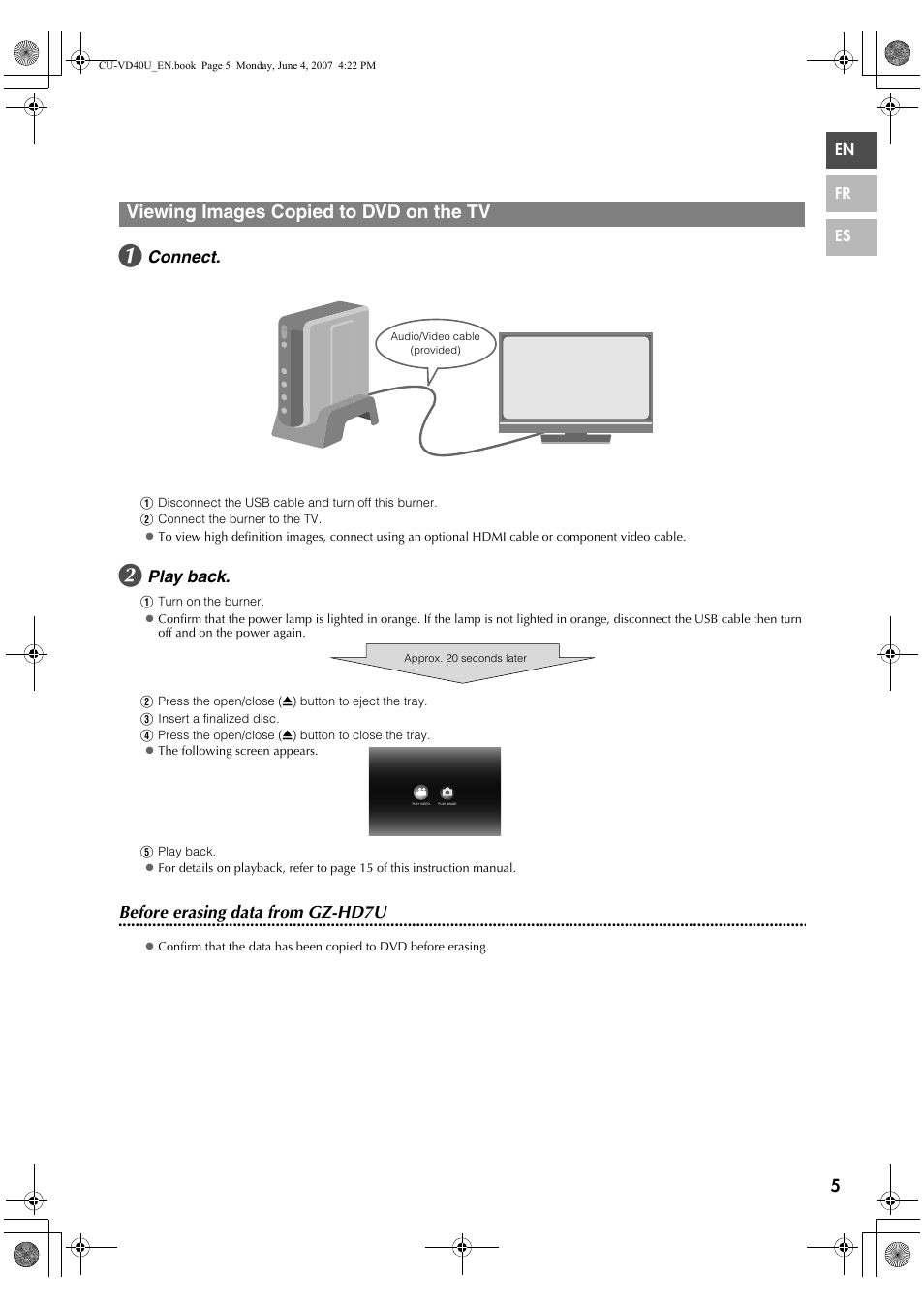 Viewing images copied to dvd on the tv, Connect, Play back | Before erasing data from gz-hd7u | JVC CU-VD40U User Manual | Page 5 / 80