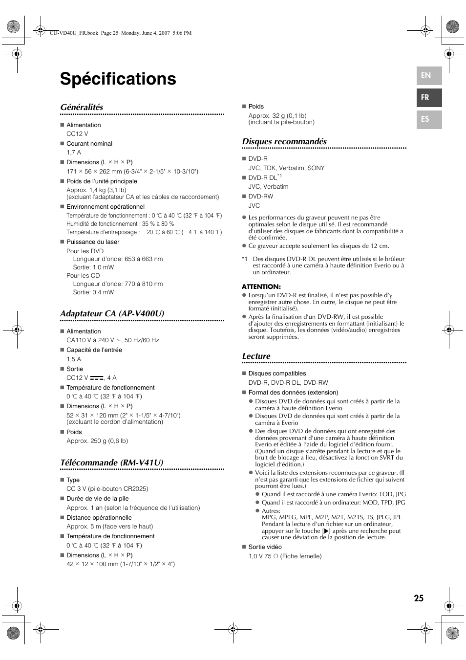 Spécifications, Généralités, Adaptateur ca (ap-v400u) | Télécommande (rm-v41u), Disques recommandés, Lecture | JVC CU-VD40U User Manual | Page 51 / 80