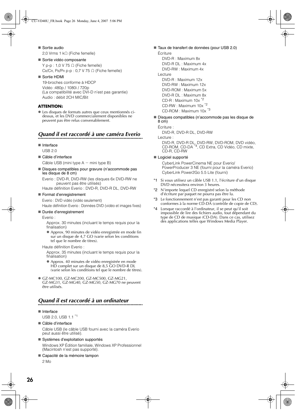 Quand il est raccordé à une caméra everio, Quand il est raccordé à un ordinateur | JVC CU-VD40U User Manual | Page 52 / 80
