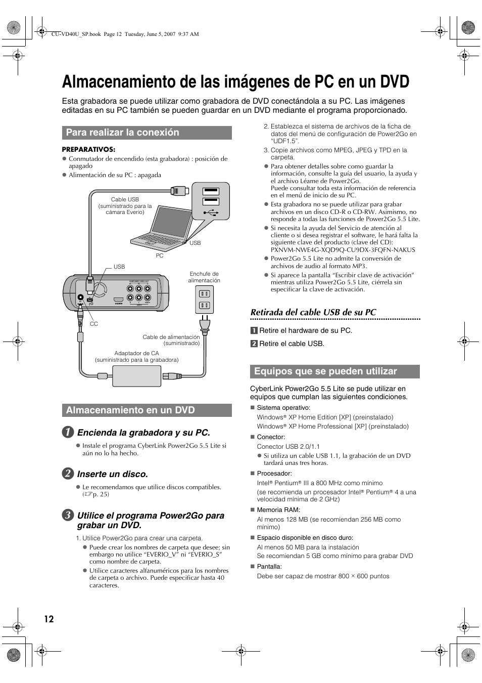 Almacenamiento de las imágenes de pc en un dvd, Para realizar la conexión, Almacenamiento en un dvd | Equipos que se pueden utilizar, Para realizar la conexión almacenamiento en un dvd, Encienda la grabadora y su pc, Inserte un disco, Utilice el programa power2go para grabar un dvd, Retirada del cable usb de su pc | JVC CU-VD40U User Manual | Page 64 / 80