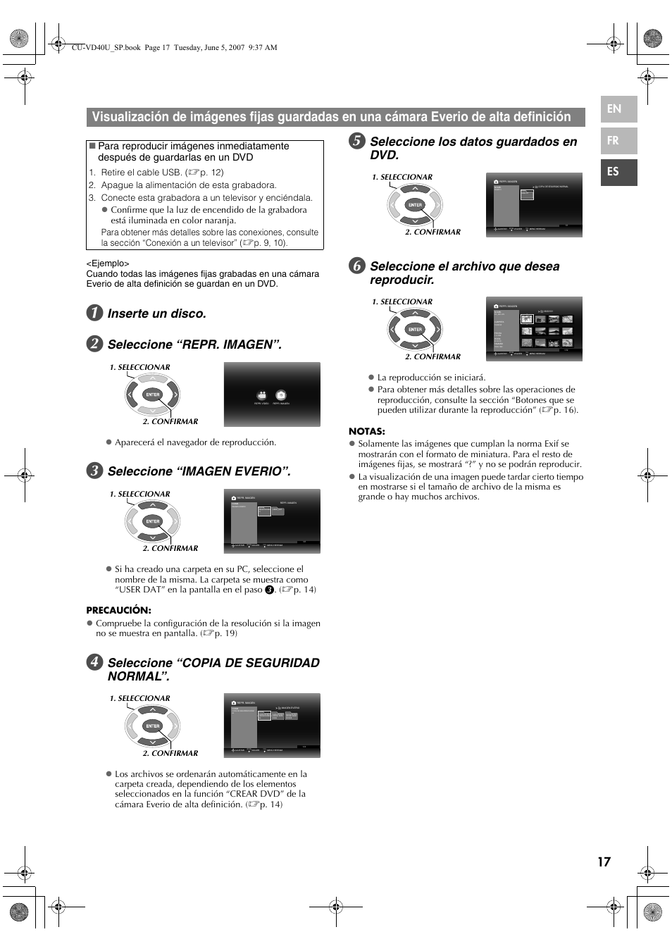 De alta definición, Inserte un disco, Seleccione “repr. imagen | Seleccione “imagen everio, Seleccione “copia de seguridad normal, Seleccione los datos guardados en dvd, Seleccione el archivo que desea reproducir, En fr es, Zaparecerá el navegador de reproducción | JVC CU-VD40U User Manual | Page 69 / 80