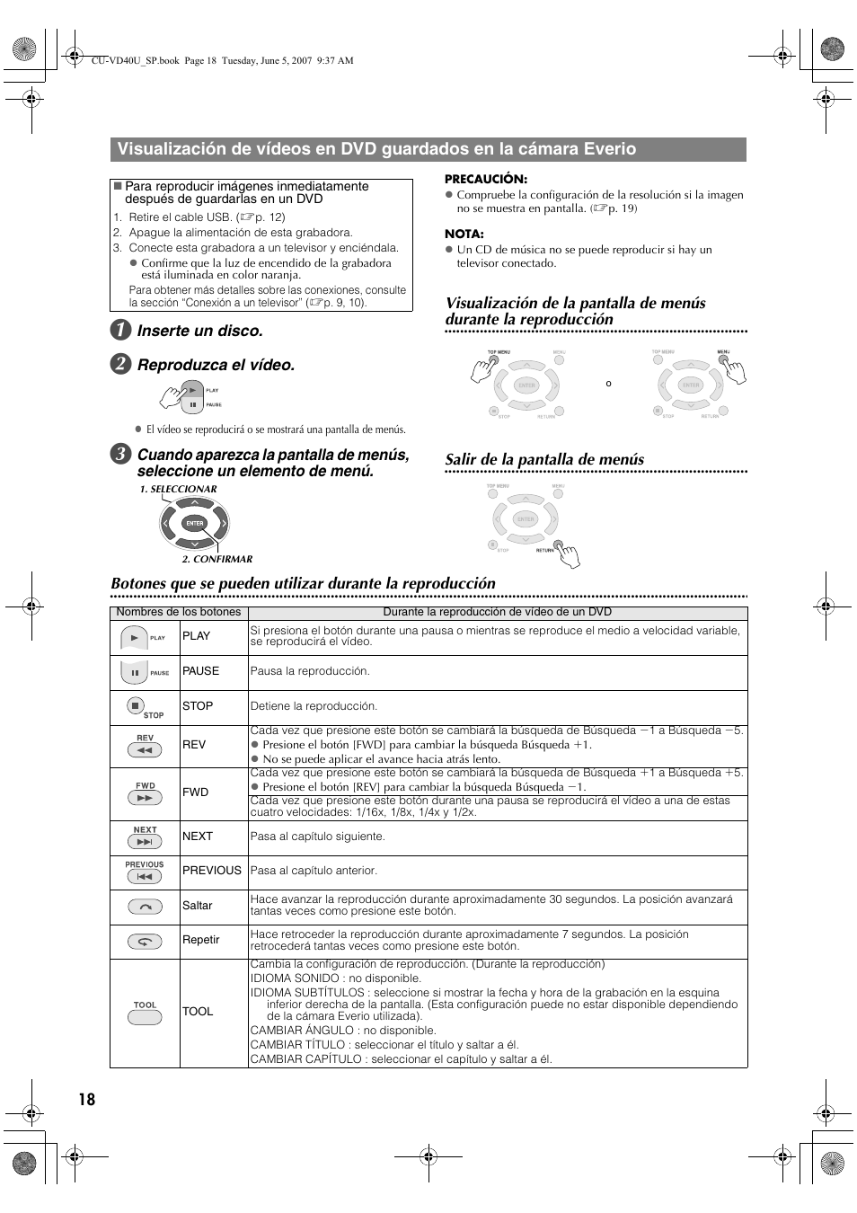 Inserte un disco, Reproduzca el vídeo, Visualización de la pantalla de menús | Durante la reproducción, Salir de la pantalla de menús | JVC CU-VD40U User Manual | Page 70 / 80