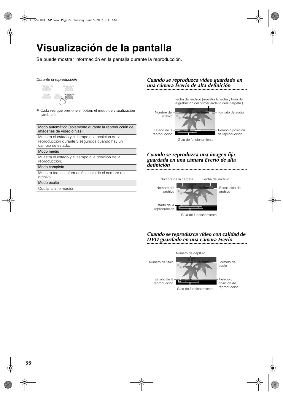 Visualización de la pantalla, Cuando se reproduzca vídeo guardado en, Dvd guardado en una cámara everio | JVC CU-VD40U User Manual | Page 74 / 80