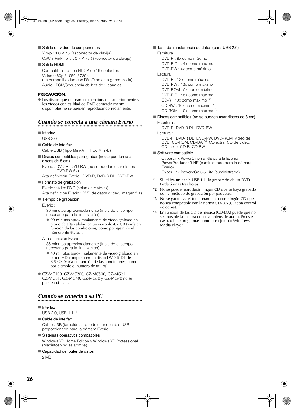 Cuando se conecta a una cámara everio, Cuando se conecta a su pc | JVC CU-VD40U User Manual | Page 78 / 80