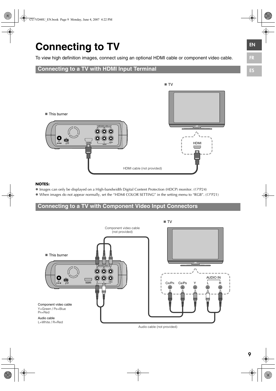 Connecting to tv, Connecting to a tv with hdmi input terminal, En fr es | JVC CU-VD40U User Manual | Page 9 / 80