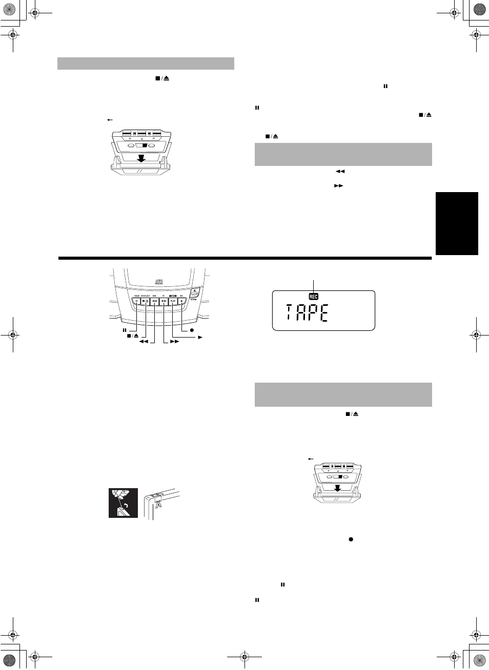 Utilisation de la platine à cassettes, Lecture, Avance et retour rapides d’une cassette | Enregistrement à partir de la radio | JVC RC-BZ5LB User Manual | Page 29 / 33