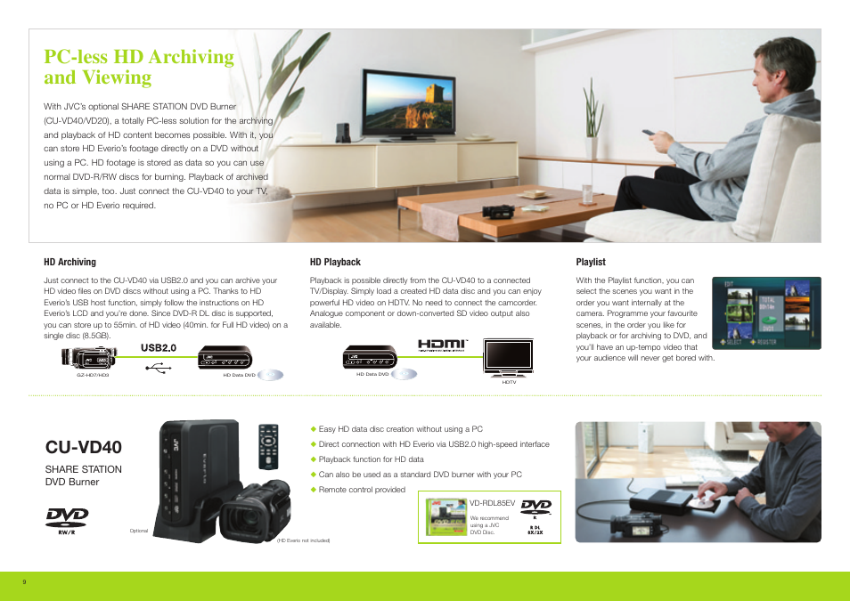 Pc-less hd archiving and viewing, Cu-vd40 | JVC Everio GZ-HD7 User Manual | Page 10 / 12