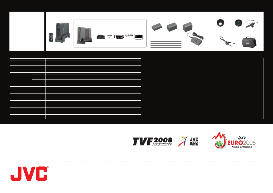 Windows, Macintosh, Available at | Provided accessories optional accessories, Cu-vd40, Specifications, Cu-vd20 software system requirements | JVC Everio GZ-HD7 User Manual | Page 12 / 12