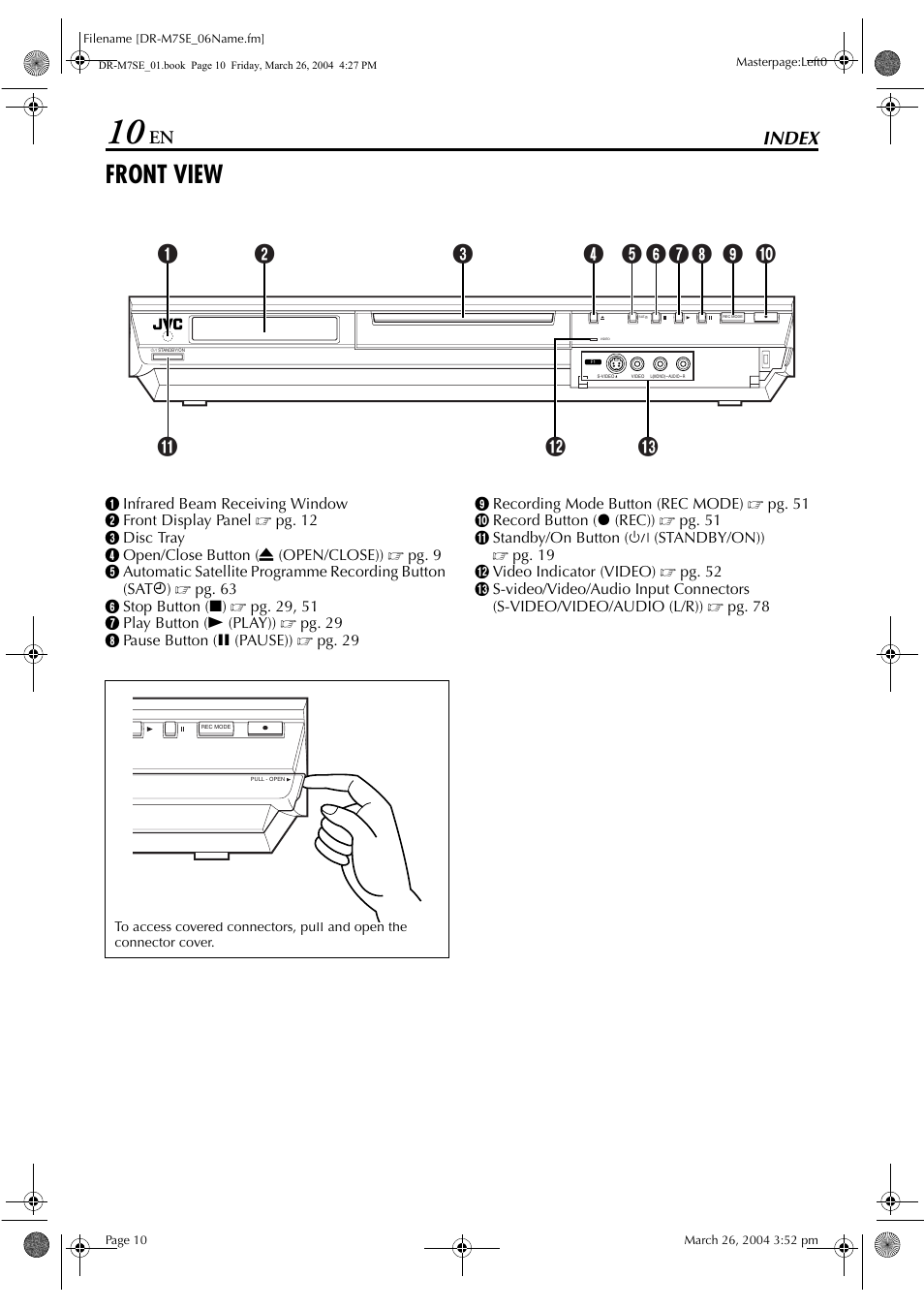 Index, Front view, Index 10 | JVC DR-M7S User Manual | Page 10 / 116