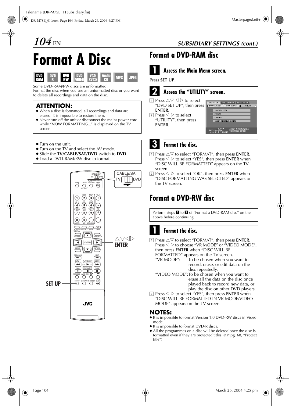 Format a disc, Format a dvd-ram disc, Format a dvd-rw disc | Pg. 104, Deo mode, Pg. 104, “format a, Dvd-rw disc”), Mming, Pg. 104, “format a disc”), Pg. 104) | JVC DR-M7S User Manual | Page 104 / 116