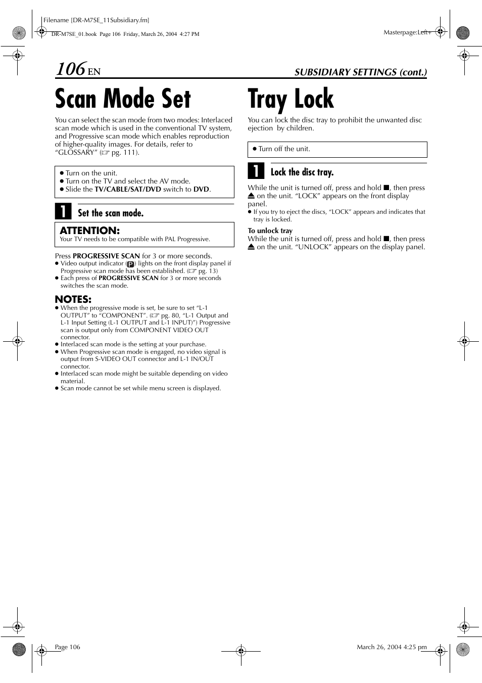 Scan mode set, Tray lock, Scan mode set tray lock | Pg. 106 | JVC DR-M7S User Manual | Page 106 / 116