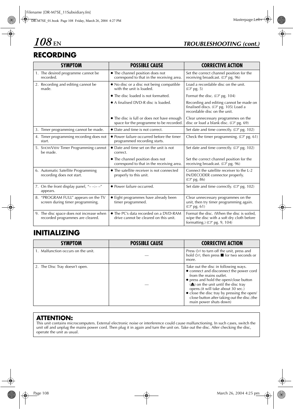 Recording initializing, Troubleshooting (cont.), Attention | Symptom possible cause corrective action | JVC DR-M7S User Manual | Page 108 / 116