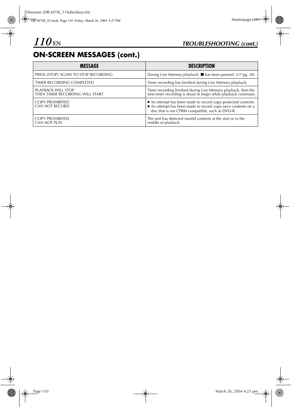 On-screen messages (cont.), Troubleshooting (cont.) | JVC DR-M7S User Manual | Page 110 / 116
