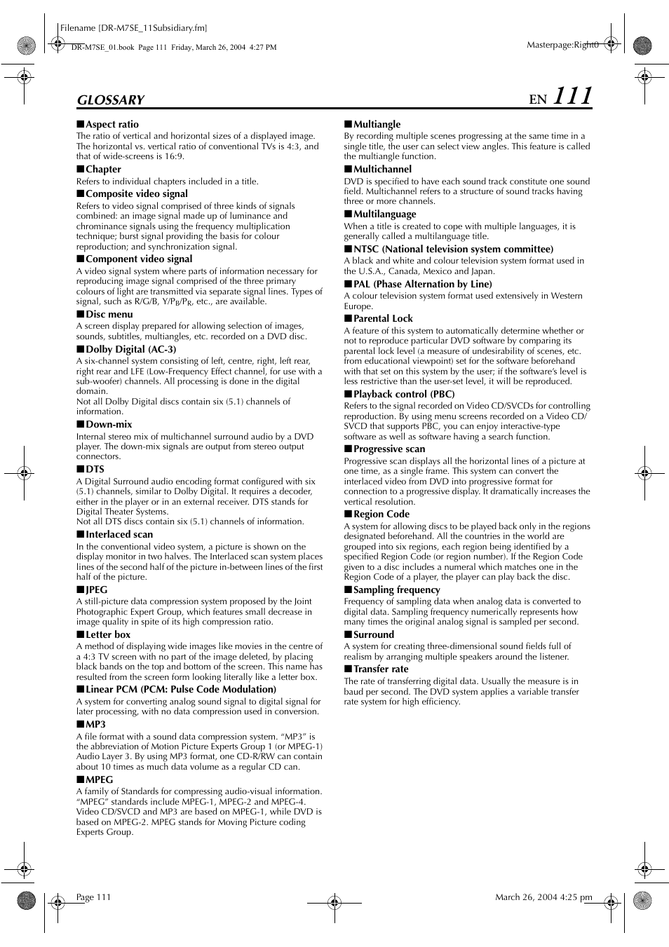 Glossary, Glossary 111, Pg. 111) | JVC DR-M7S User Manual | Page 111 / 116