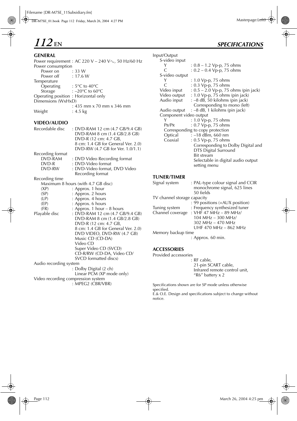 Specifications, Specifications 112, Specifications” o | JVC DR-M7S User Manual | Page 112 / 116