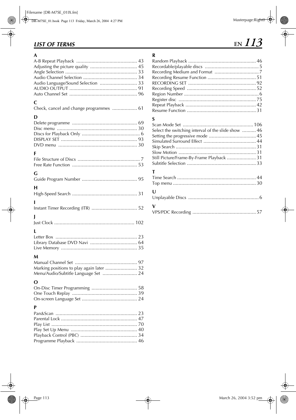 List of terms | JVC DR-M7S User Manual | Page 113 / 116