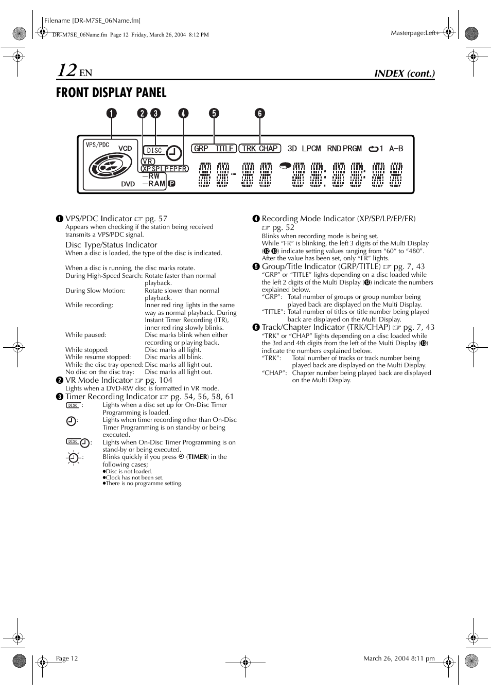 Front display panel, Pg. 12, Index (cont.) | JVC DR-M7S User Manual | Page 12 / 116