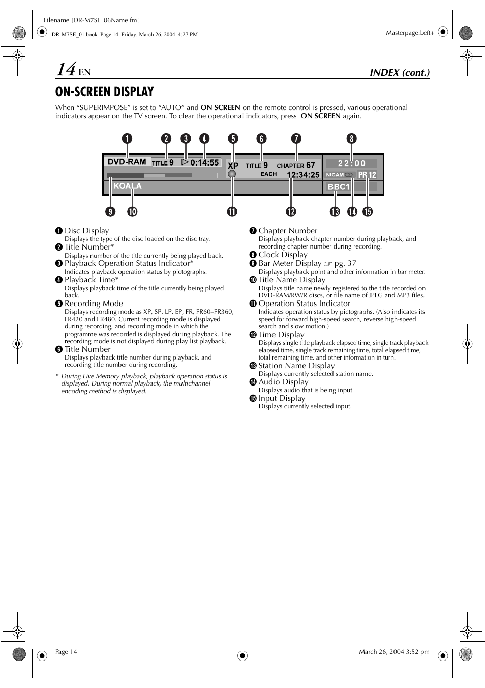 On-screen display, Index (cont.) | JVC DR-M7S User Manual | Page 14 / 116