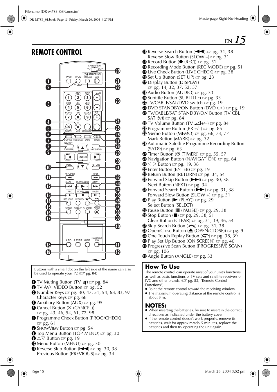 Remote control, How to use | JVC DR-M7S User Manual | Page 15 / 116