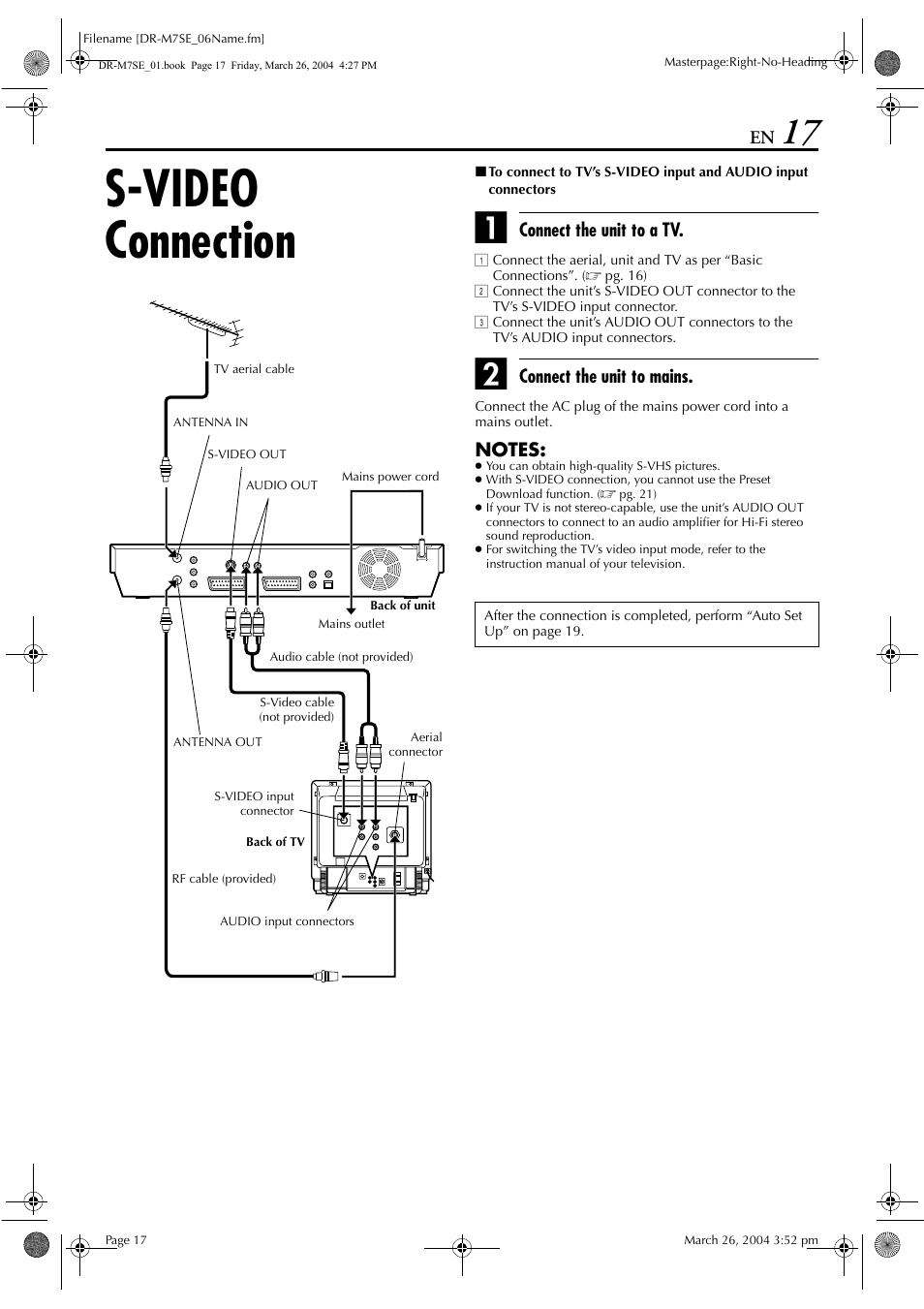 S-video connection, Pg. 17 | JVC DR-M7S User Manual | Page 17 / 116