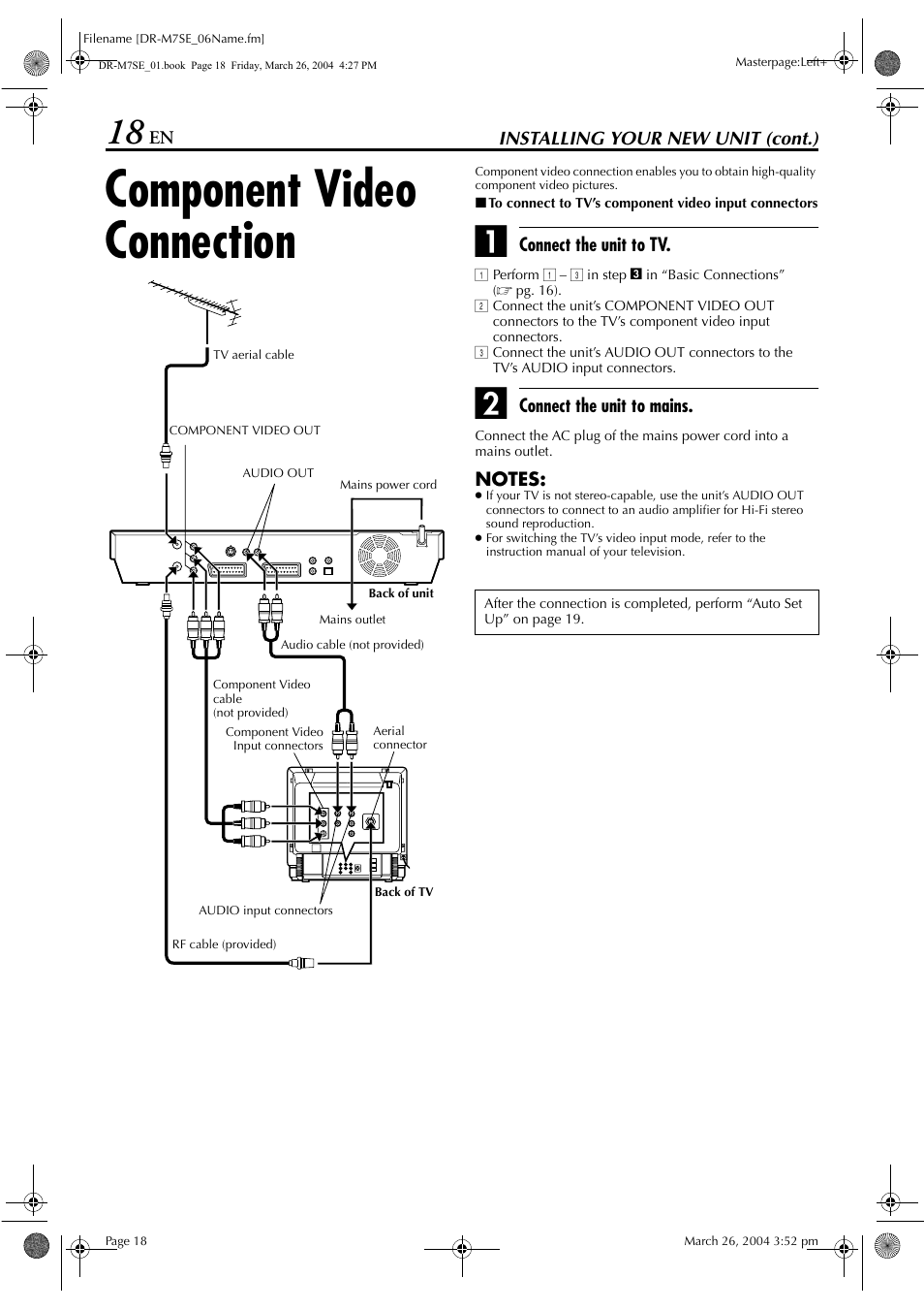 Component video connection, Pg. 18 | JVC DR-M7S User Manual | Page 18 / 116