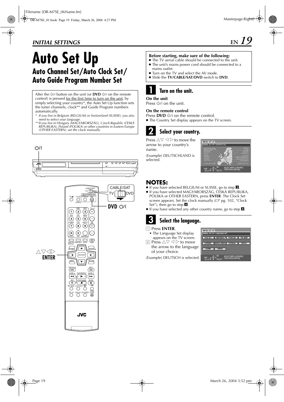 Initial settings, Auto set up, Pg. 19 | Pg. 19, 38, Turn on the unit, Select the language, Dvd f rtwe enter | JVC DR-M7S User Manual | Page 19 / 116