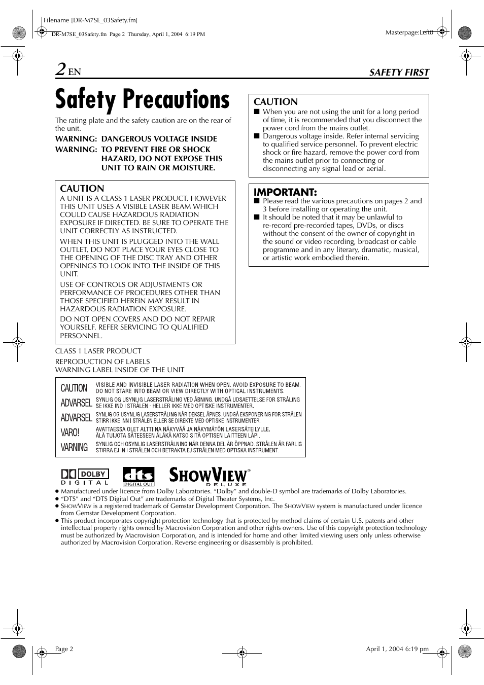 Safety first, Safety precautions, Caution | Important | JVC DR-M7S User Manual | Page 2 / 116