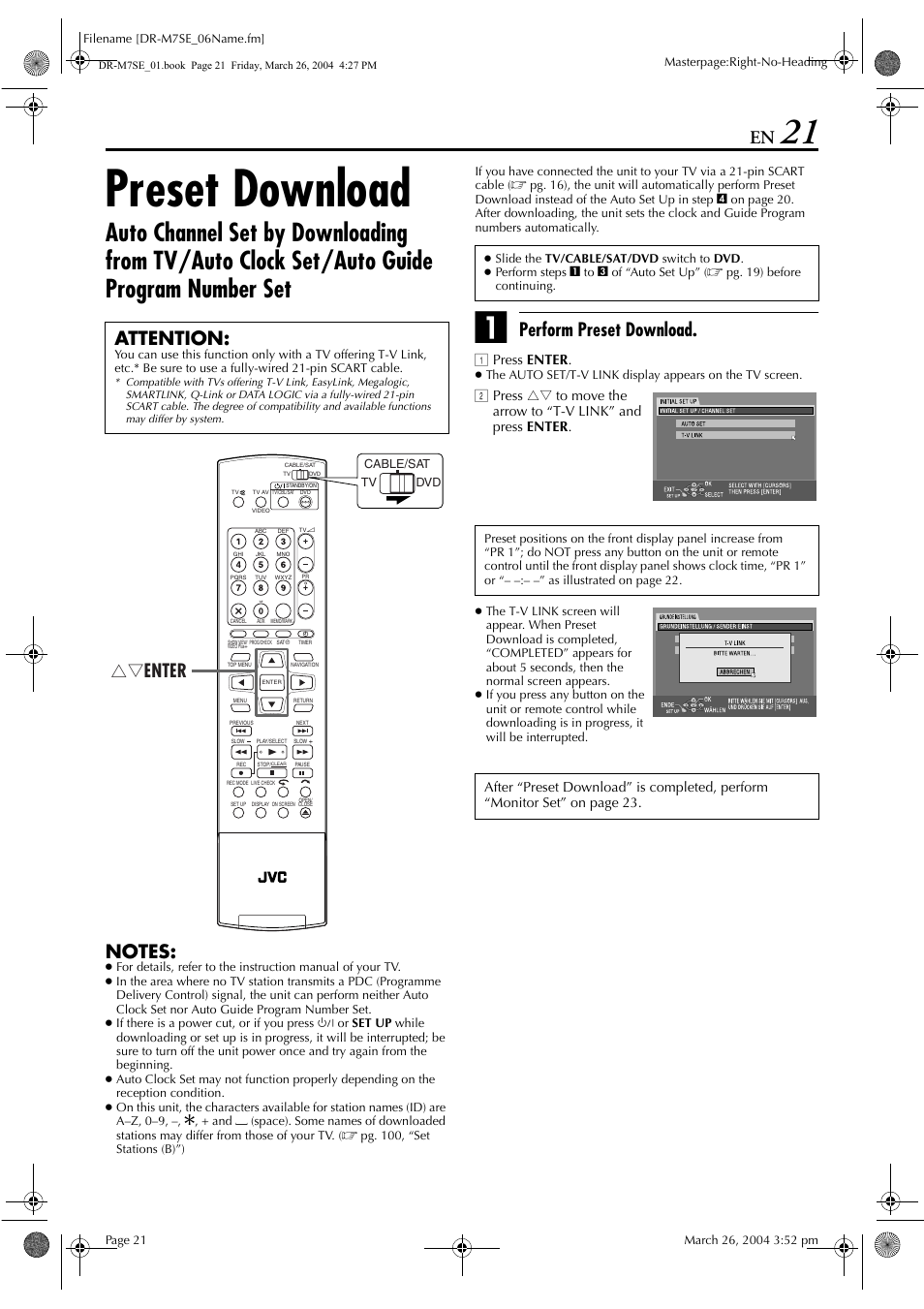 Preset download, Wnload function, Pg. 21) | Load, Pg. 21) ev, Perform preset download, Attention, Rt enter, A press enter | JVC DR-M7S User Manual | Page 21 / 116